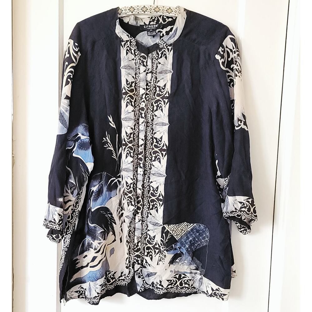 Citron Santa Monica 100% Silk Crane Button Blouse 3X